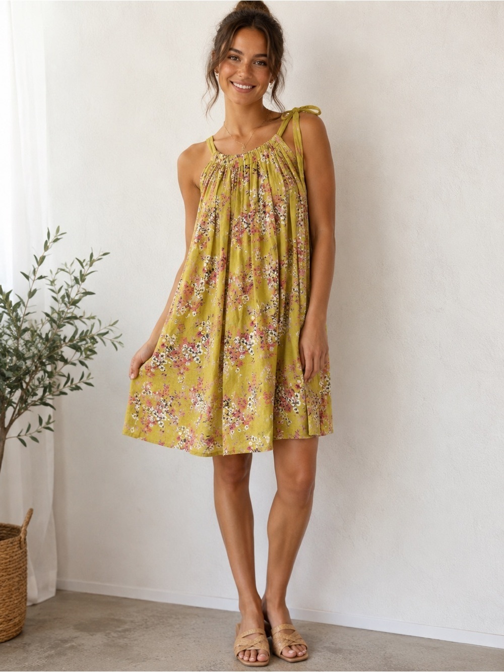 Bellambra Dress Women’s Small Made In Italy Floral Linen Sundress Mustard Boho